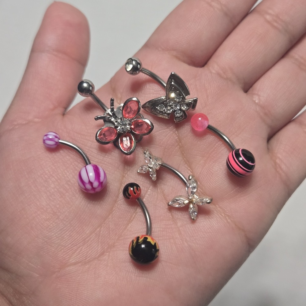 6 Pcs Assorted Belly‎ Button Rings Navel Bars Body Piercing Jewelry Butterfly